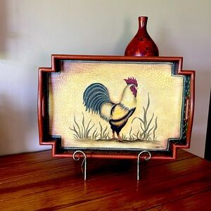 Tam San Hand-Painted Rooster Serving Tray and Stand